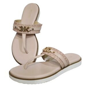 Michael Kors Pink Monogram Thong Platform Sandals Gold MK Logo Size 7M